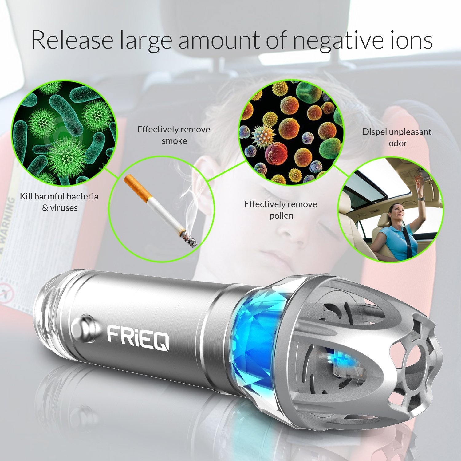 Car Air Purifier, FRiEQ Car Air Freshener and Ionic Air Purifier