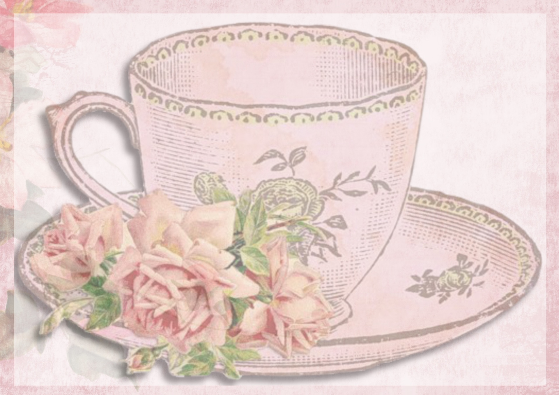 Vintage card teacup roses pink free image download