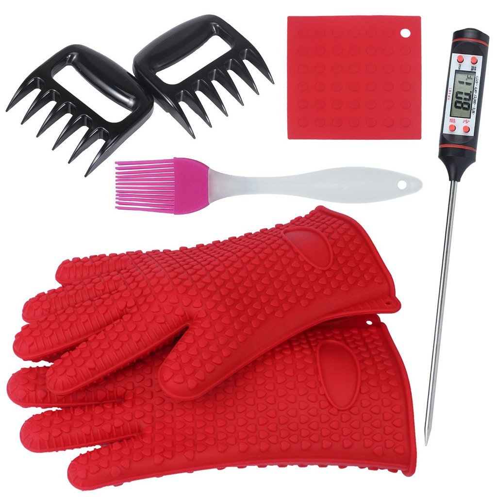 Foreasy New 5 Kinds BBQ Tool Sets,1 Pair Silicone Oven Mitts,1 Pair