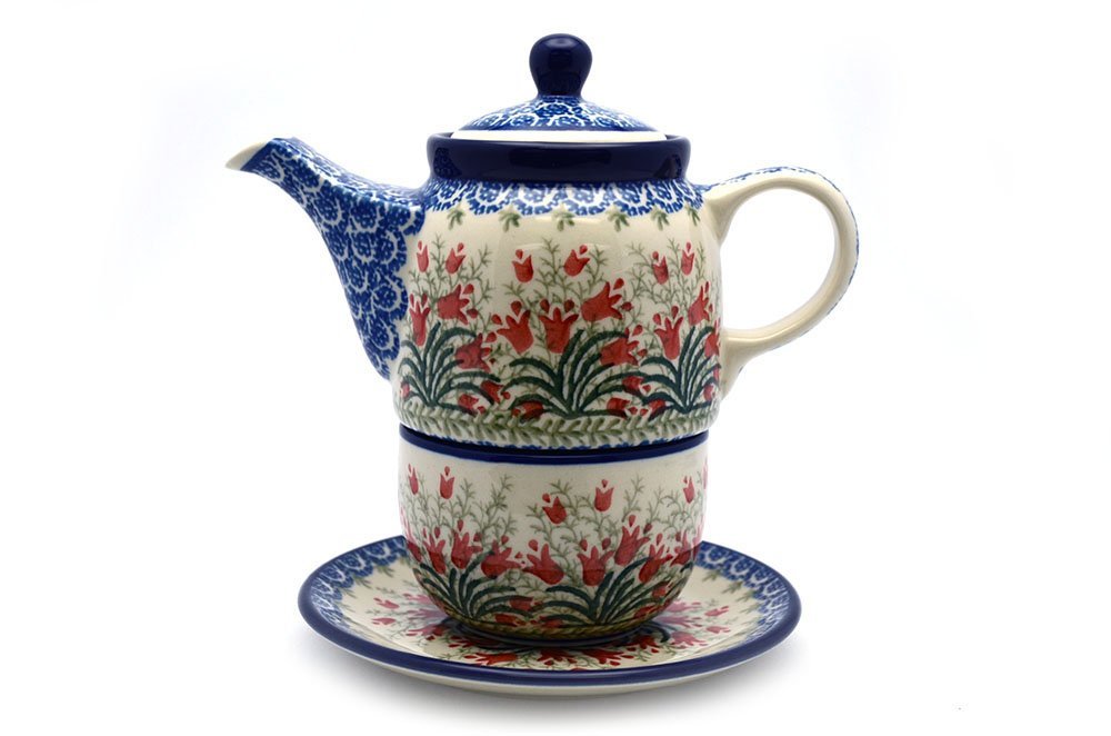 Polish Pottery Tea Time for One Crimson Bells free image download