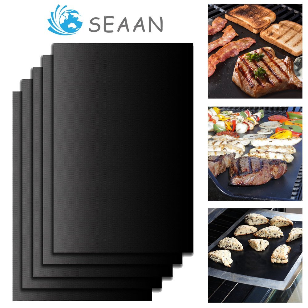 SEAAN 5 Pieces Set BBQ Grill Sheets Mats, 100 Non Stick Safe, Extra