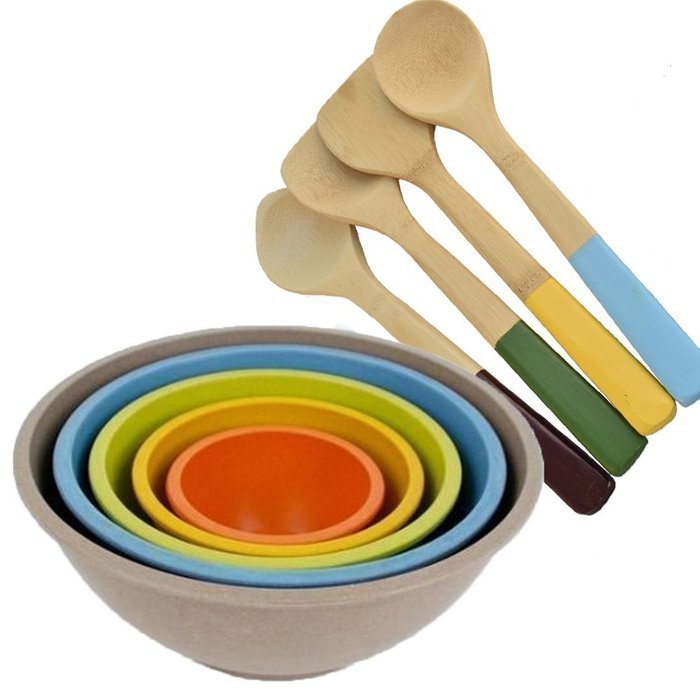 Bamboo Composite Nesting Mixing Bowls (5) and Bamboo Kitchen Tools with