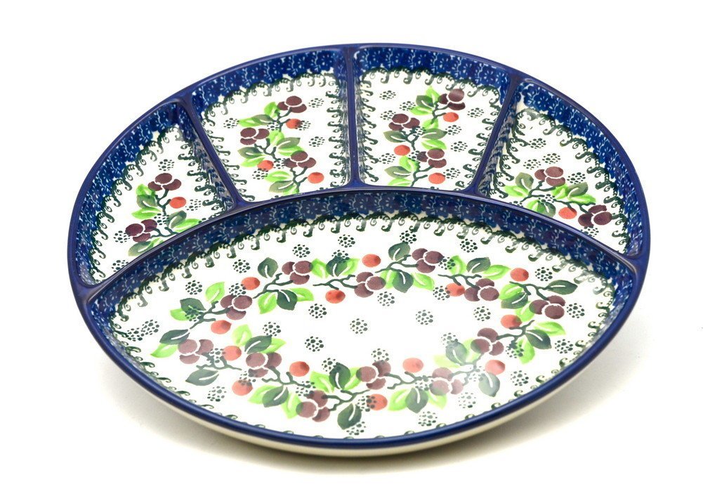 Polish Pottery Dish Divided Appetizer Burgundy Berry Green free