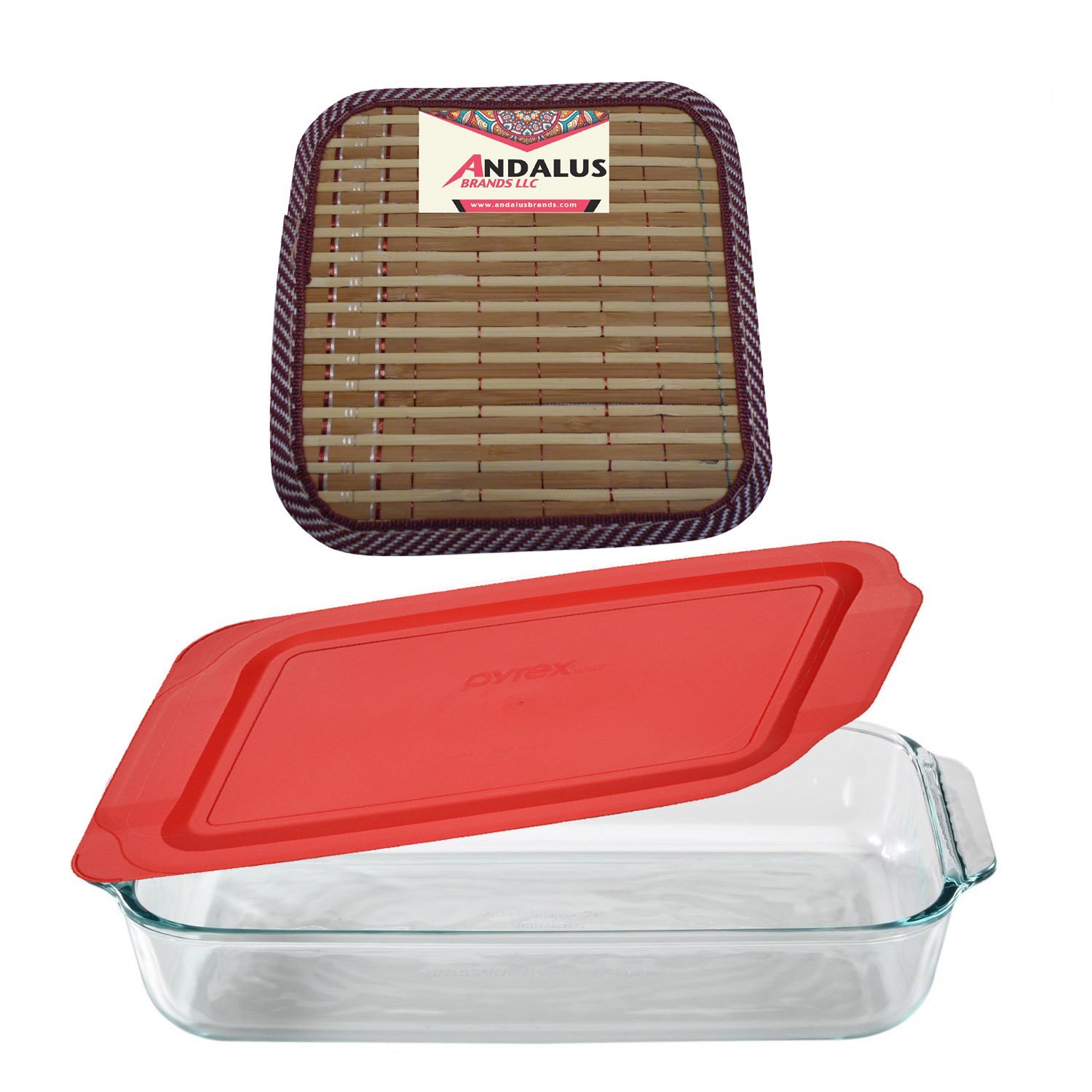 Pyrex Basics 3 Quart Glass Oblong Baking Dish with Red Plastic Lid