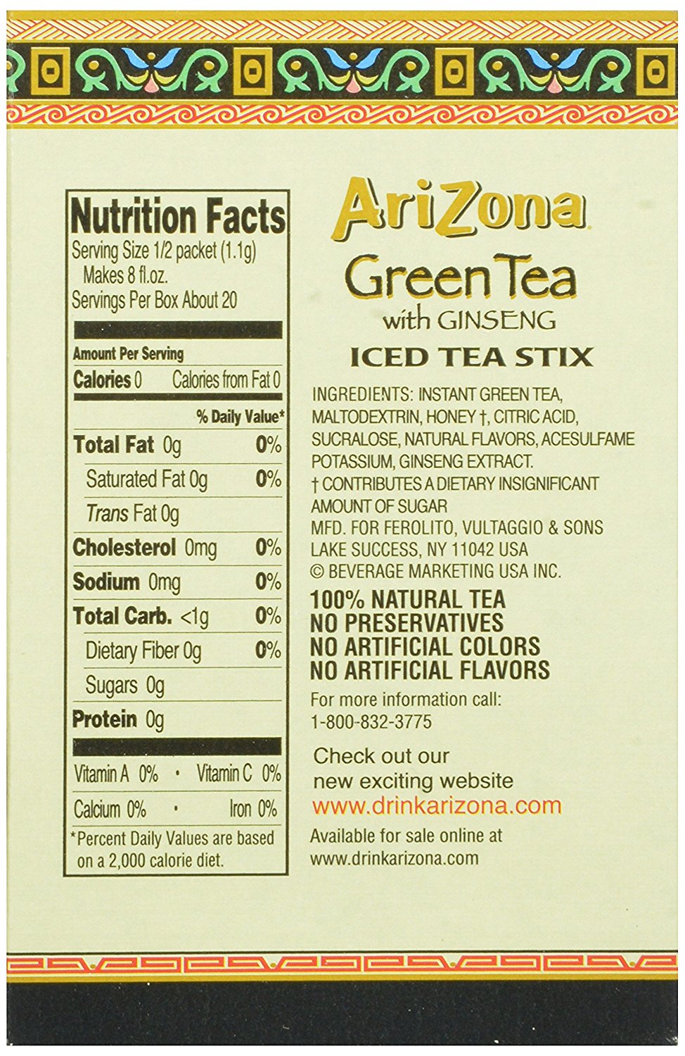 AriZona Green Tea with Ginseng Sugar Free Iced Tea Stix, 10 Count, (Pack of 6) N3 free image