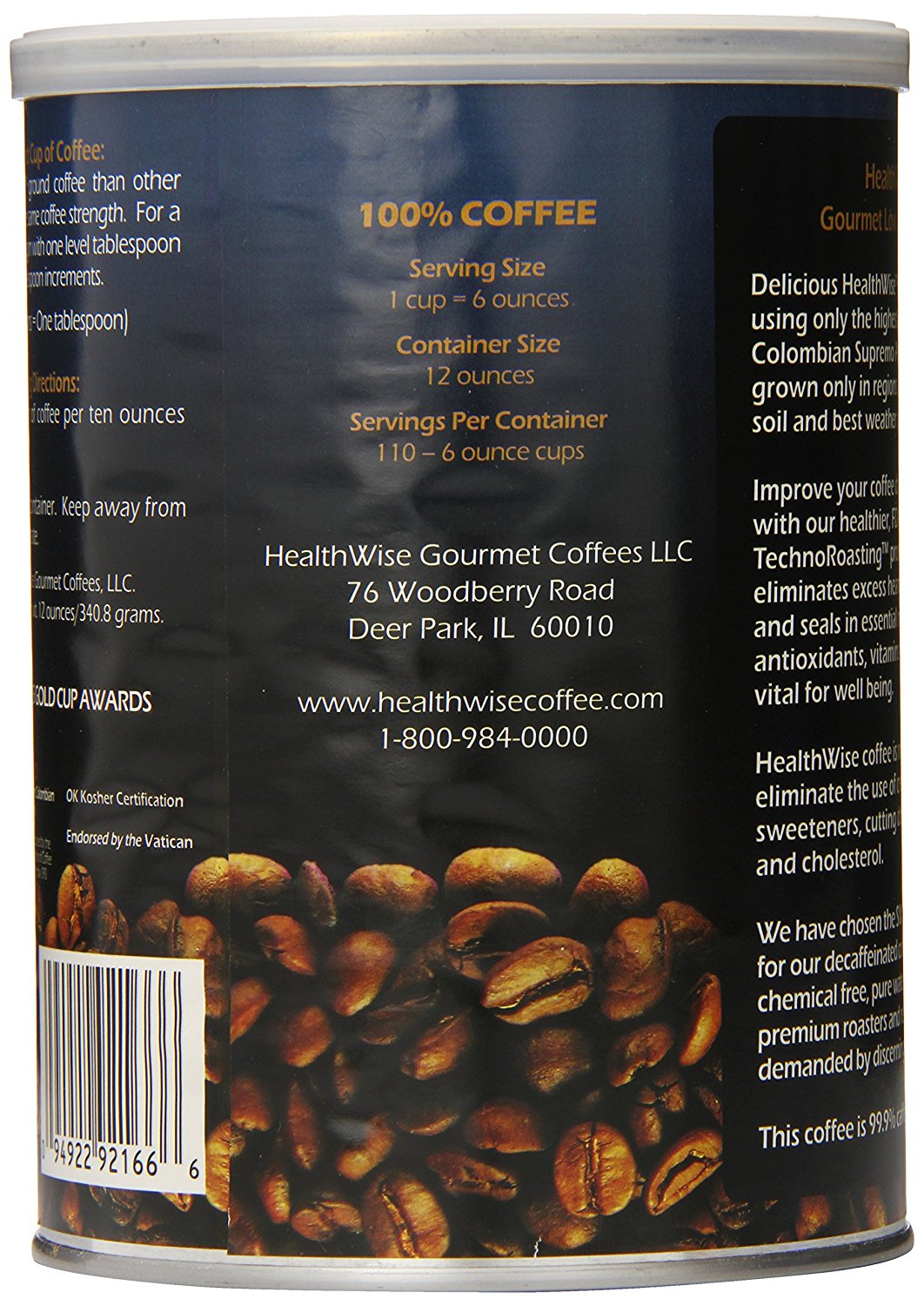Healthwise Low Acid Columbian Gourmet Supremo Decaffeinated Coffee, 12