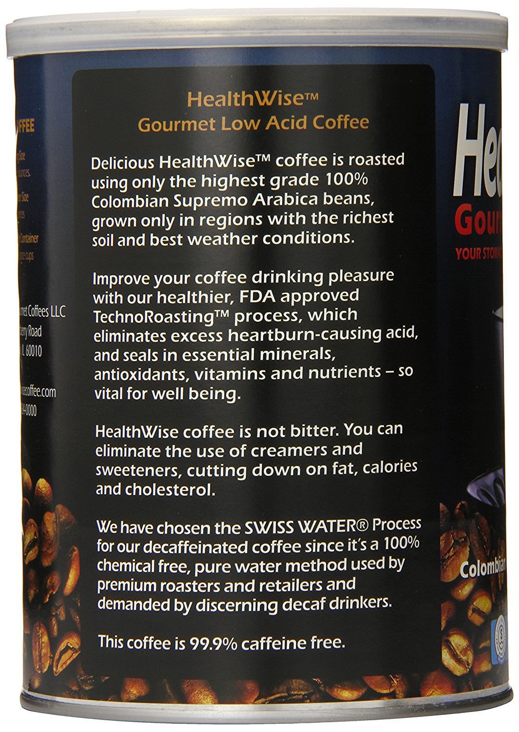 Healthwise Low Acid Columbian Gourmet Supremo Decaffeinated Coffee, 12