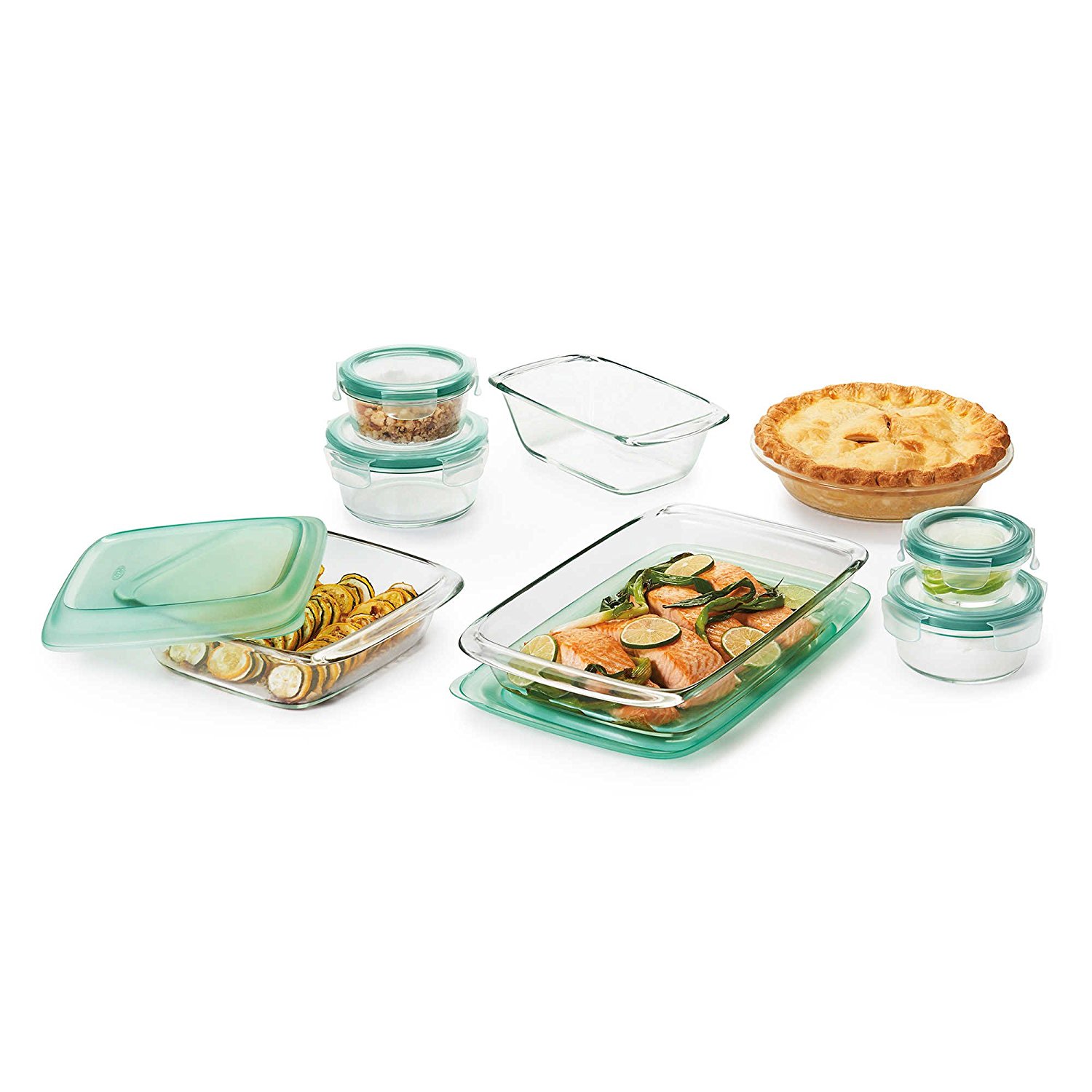 14Piece Elegant And Durable Glass Baking Dish Set with Lids in Green