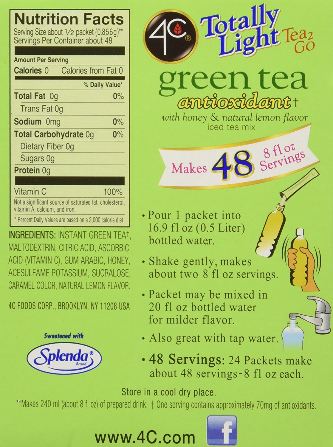 4C Totally Light Tea 2 Go Green Tea, Ice Tea Mix, Sugar Free, 20Count Boxes (Pack of 3) N2 free