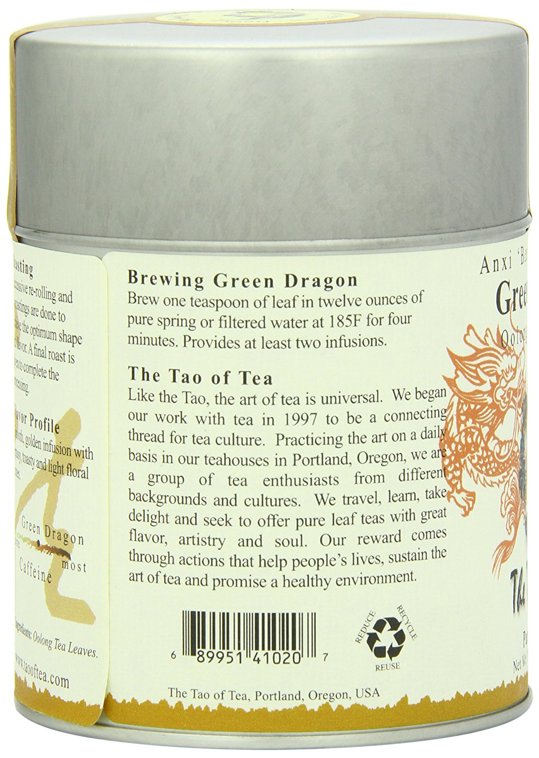 The Tao of Tea, Green Dragon Oolong Tea, Loose Leaf, 3.5 Ounce Tin N4