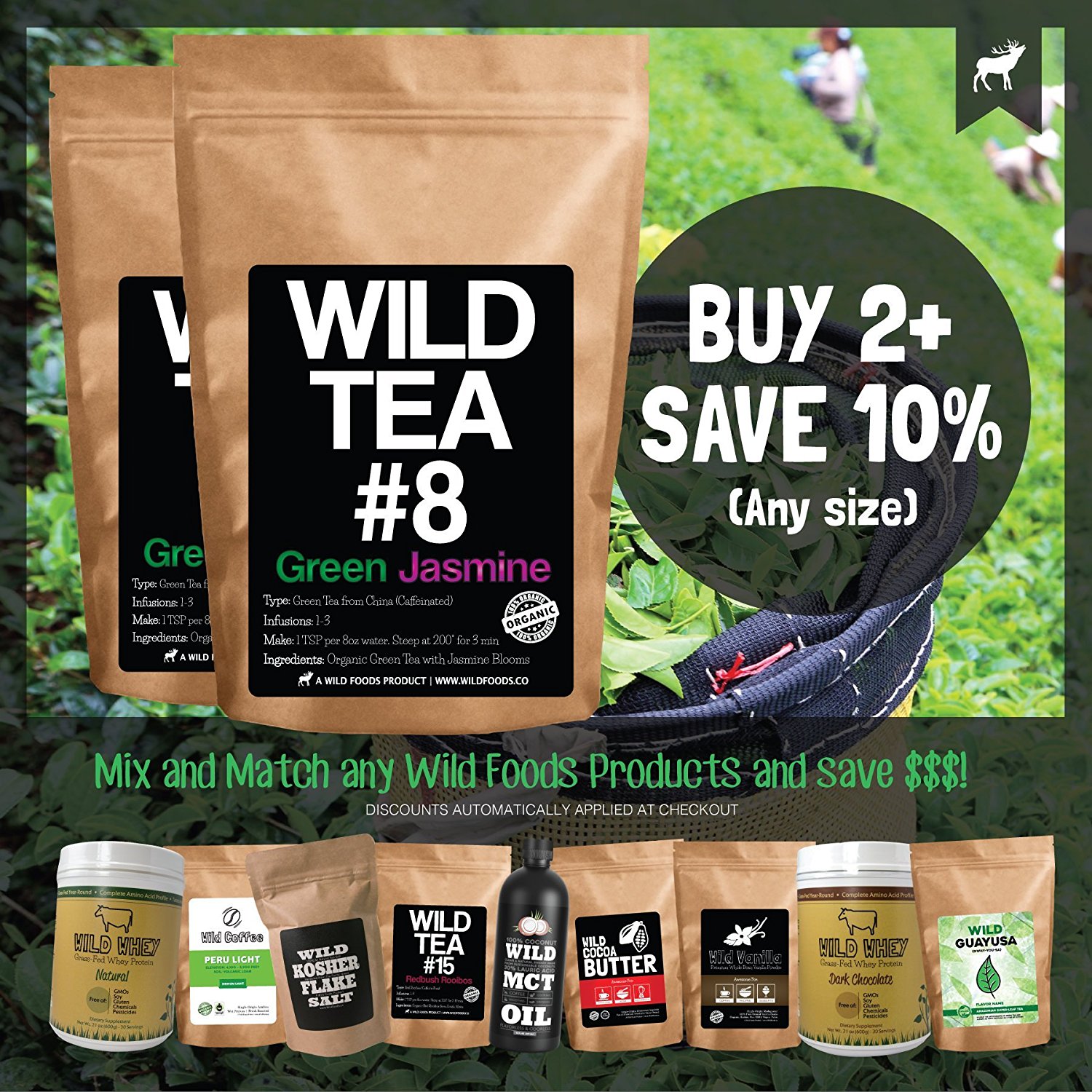 Organic Green Tea with Jasmine, Wild Tea 8 Premium Loose Leaf Green