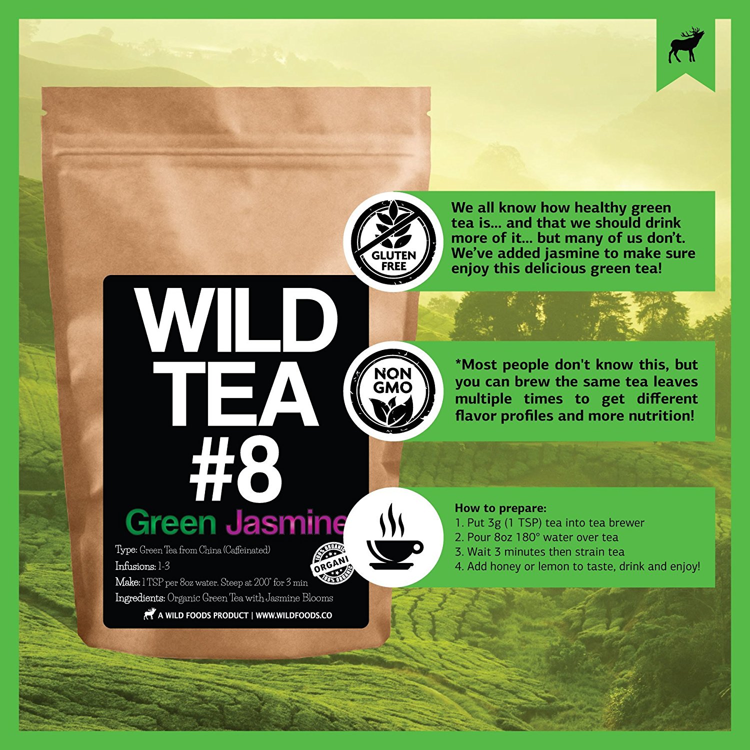 Organic Green Tea with Jasmine, Wild Tea 8 Premium Loose Leaf Green