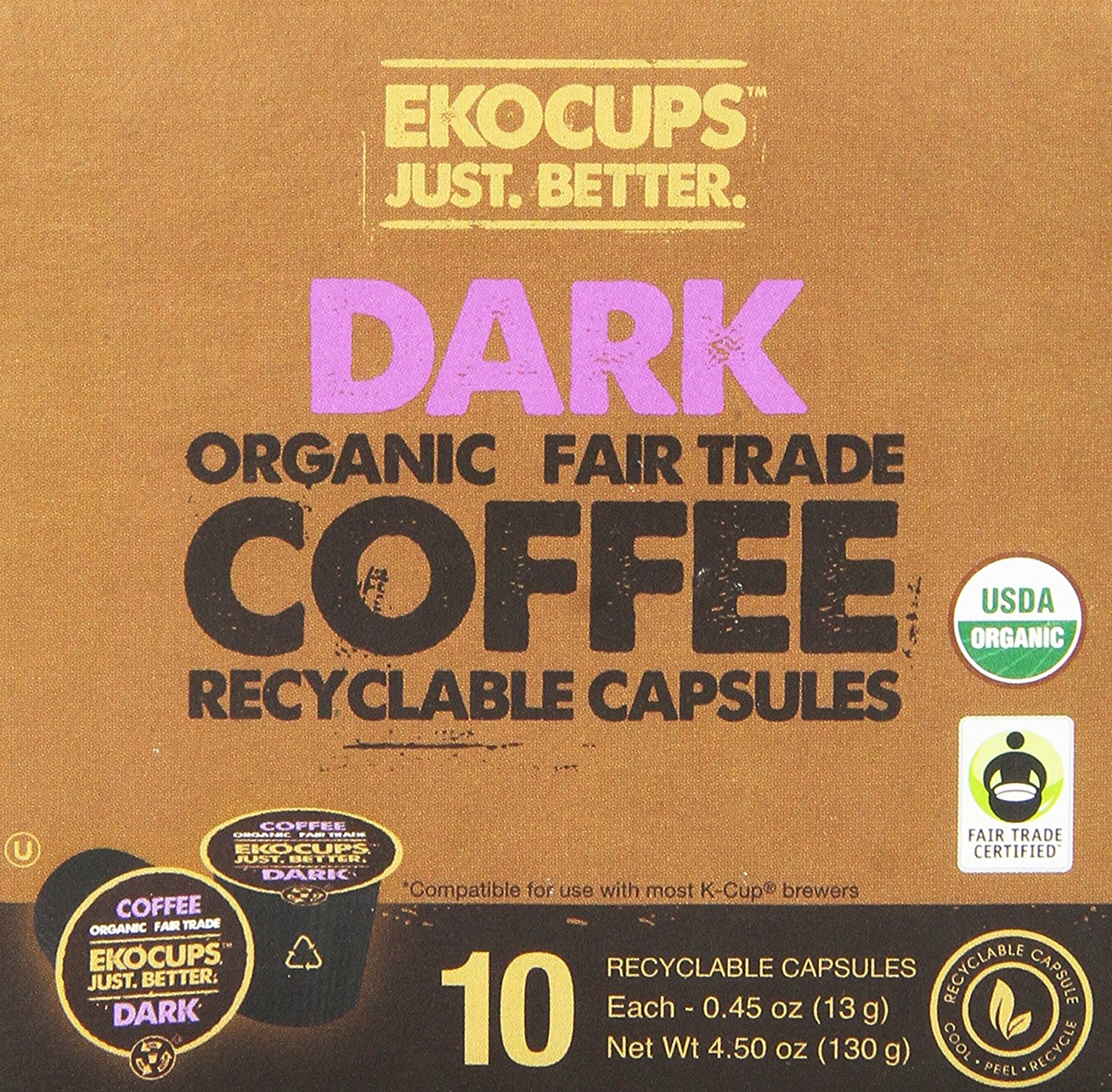 EKOCUPS Organic Artisan Coffee, Dark, Dark roast for Keurig Kcup single serve Brewers, 0.45