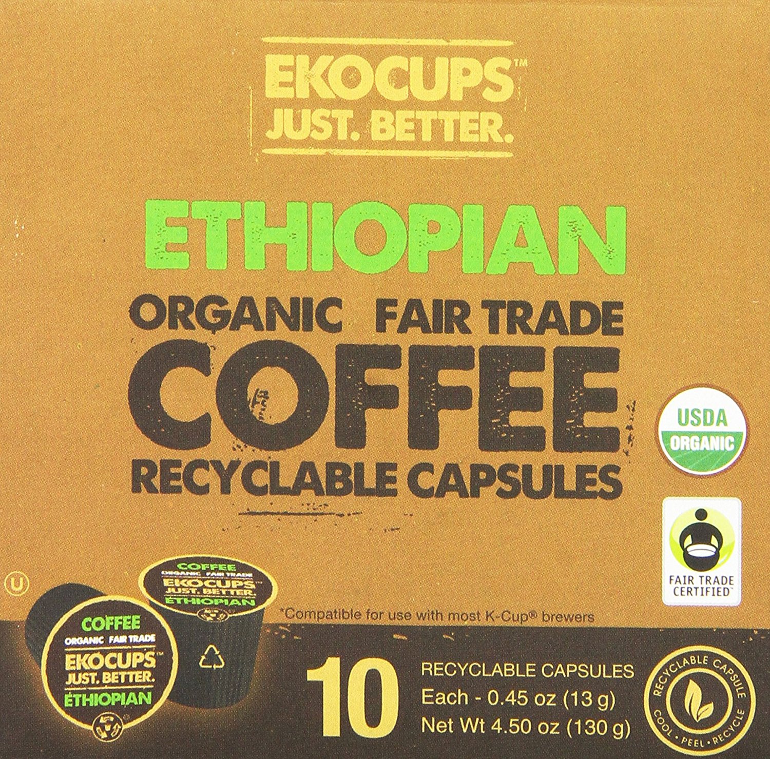 EKOCUPS Organic Artisan Coffee, Ethiopian, Medium roast for Keurig K