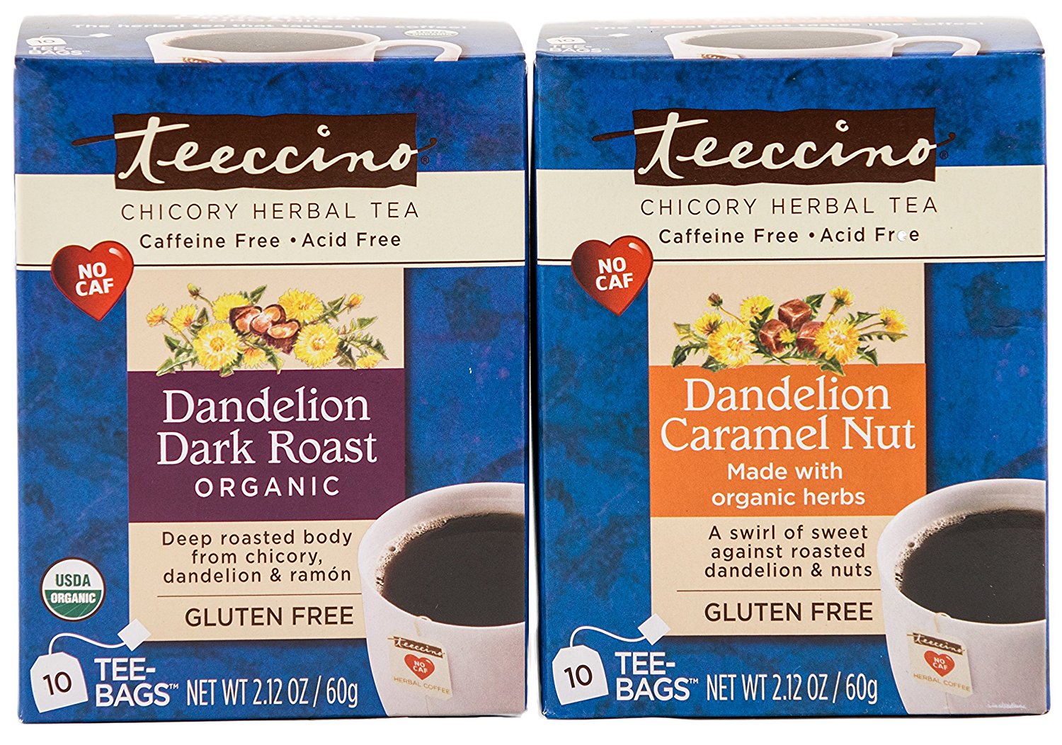 Teeccino Organic Dandelion Dark Roast Chicory Herbal Tea Bags, Gluten
