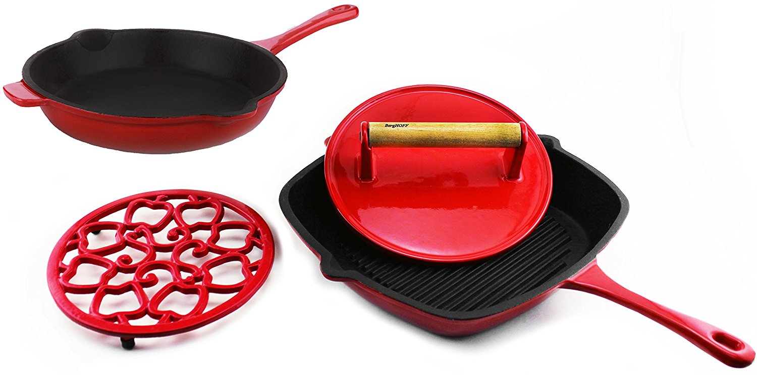 BergHOFF Cast Iron 4PC Set G/P, F/P, Stk PR & Trivet, Red, Medium