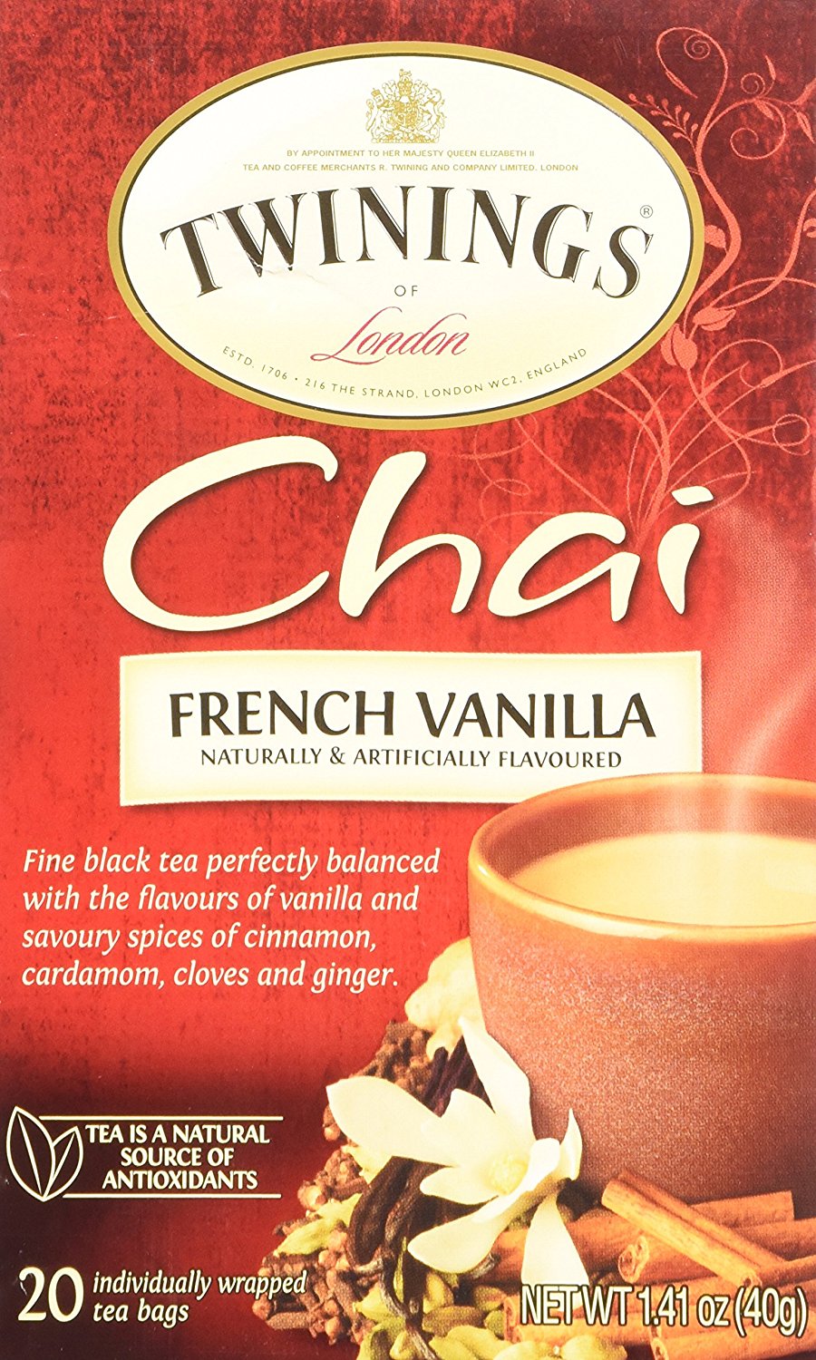 Twinings of London French Vanilla Chai Tea Bags 1.41 Ounces 1 Box