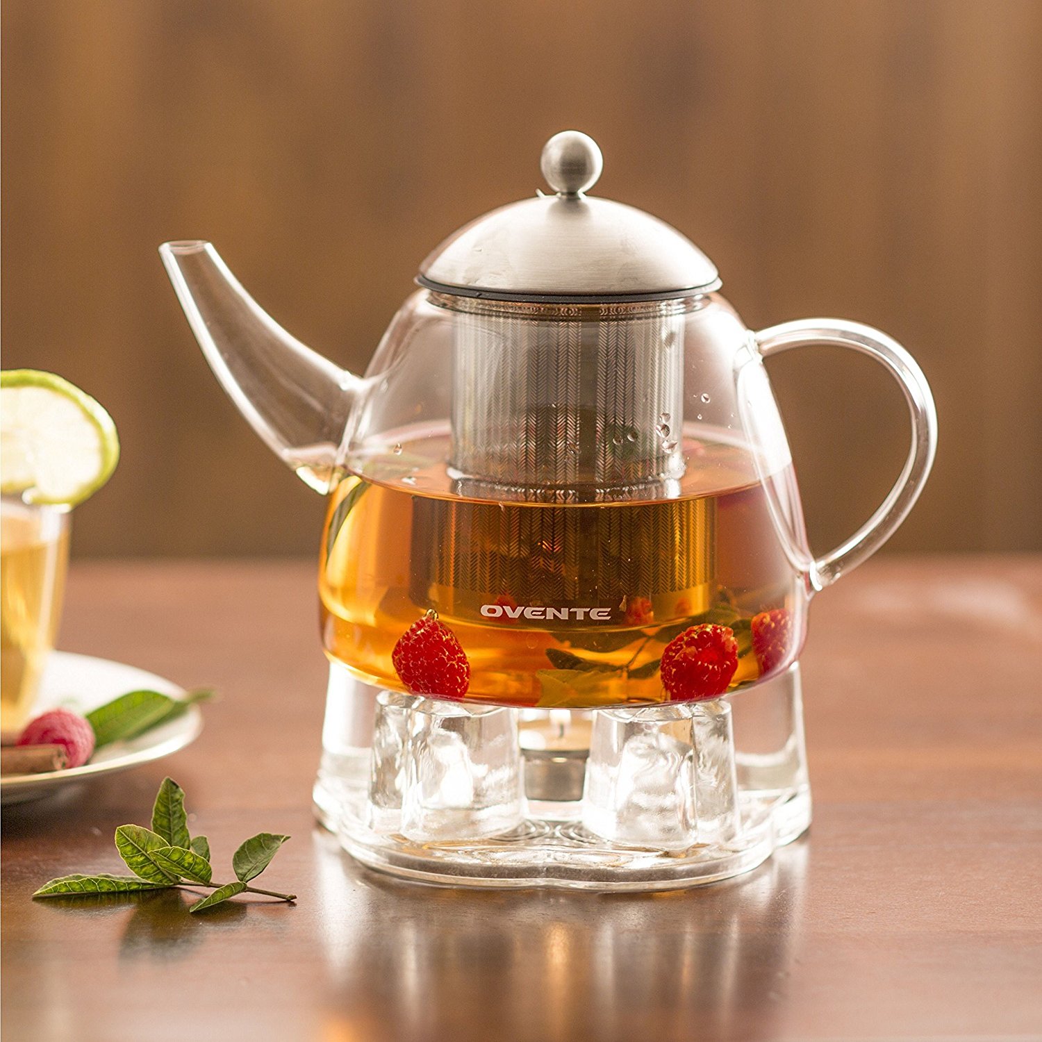 44Ounce Elegant BottomHeavy Shape, Glass Tea Pot with Warmer, Clear