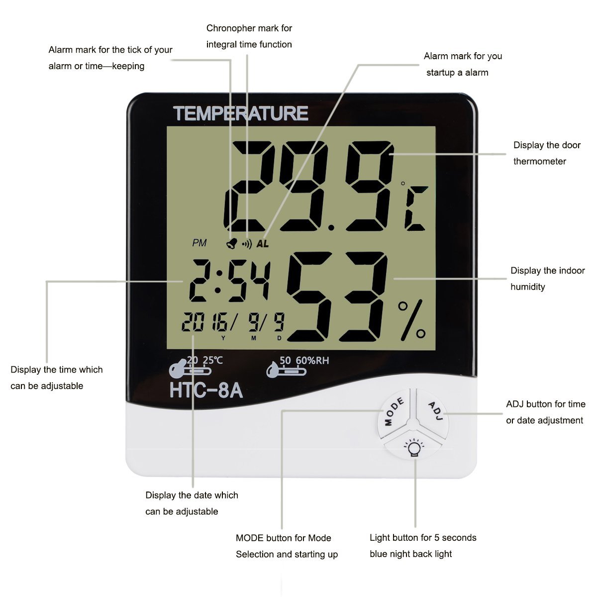 BonyTek Digital Hygrometer Thermometer Alarm Clock Date Time with LCD