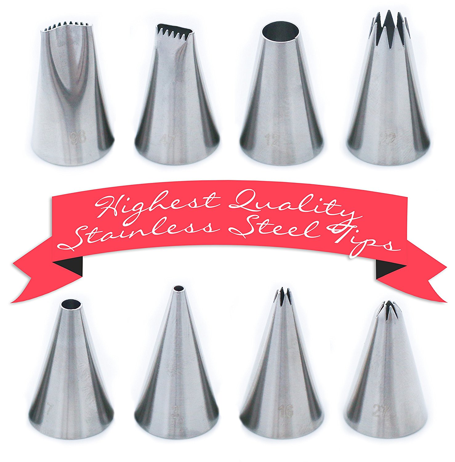 Cake Decorating Kit 8 Seamless Piping Tips, 2 Reusable Cotton Pastry