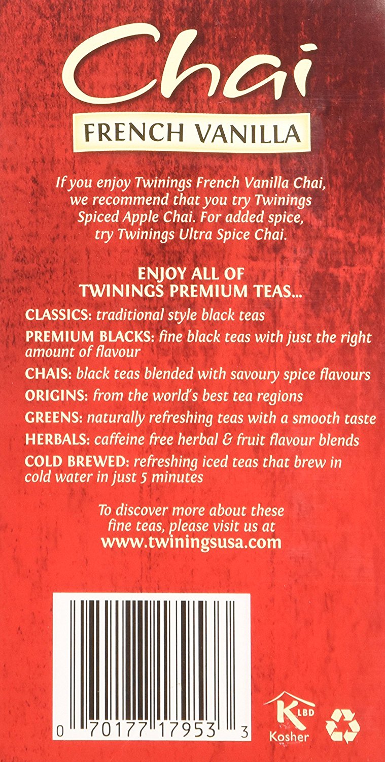 Twinings of London French Vanilla Chai Tea Bags 1.41 Ounces 1 Box N4