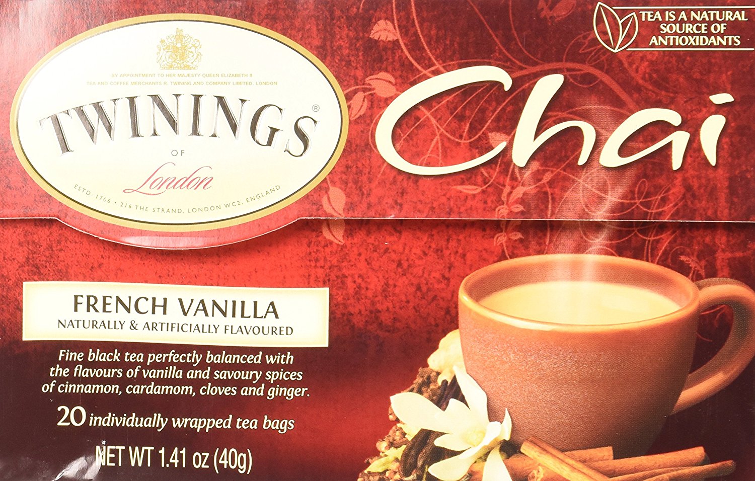 Twinings of London French Vanilla Chai Tea Bags 1.41 Ounces 1 Box N5