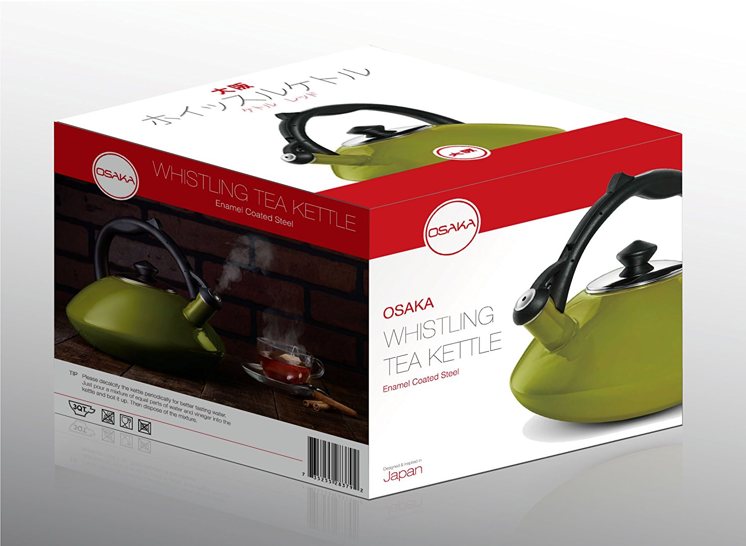 Osaka, Enamel Coated Whistling Tea Kettle 3 Quart Capacity Teakettle