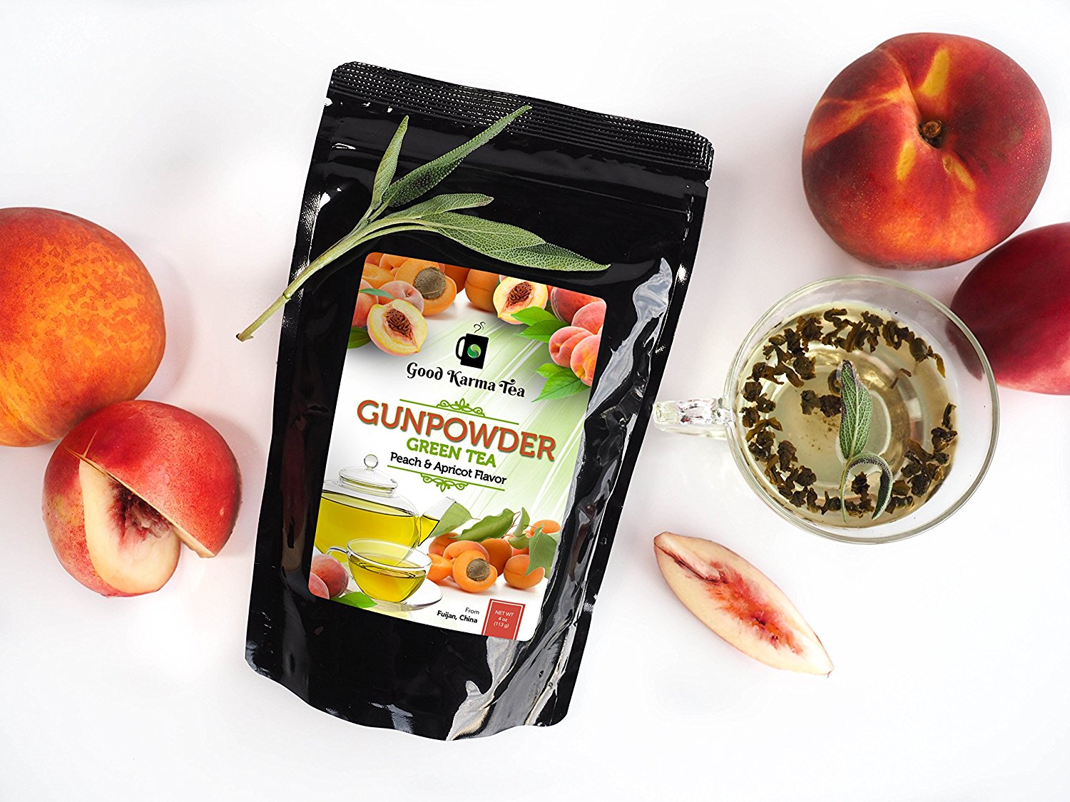 Good Karma Tea Gunpowder Peach Apricot Green Tea, 4 oz N4 free image