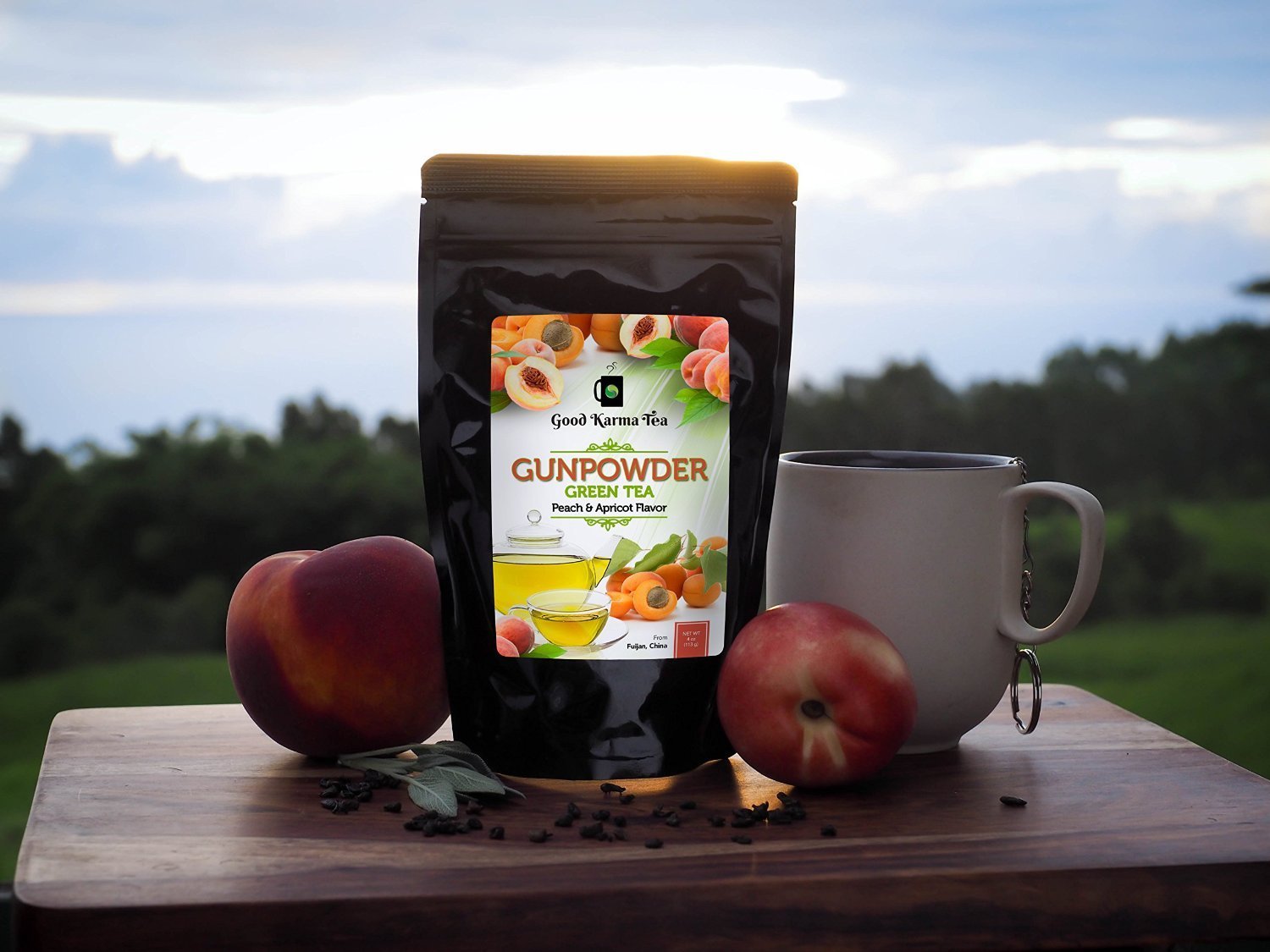 Good Karma Tea Gunpowder Peach Apricot Green Tea, 4 oz N6 free image