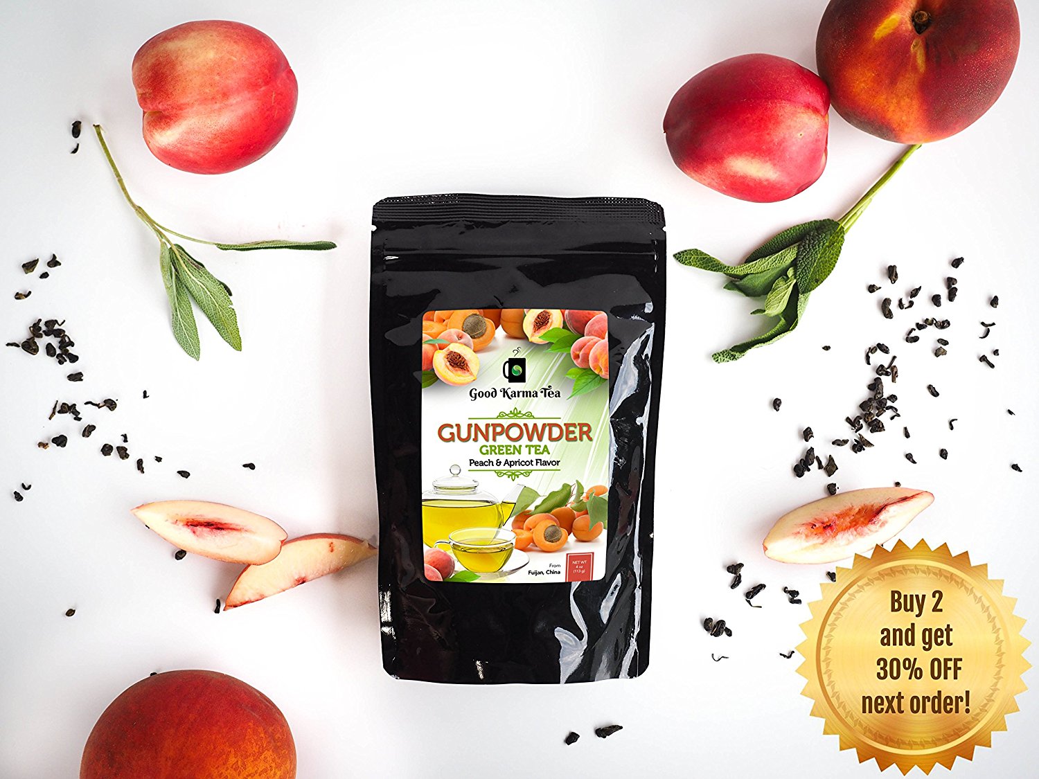 Good Karma Tea Gunpowder Peach Apricot Green Tea, 4 oz N7 free image