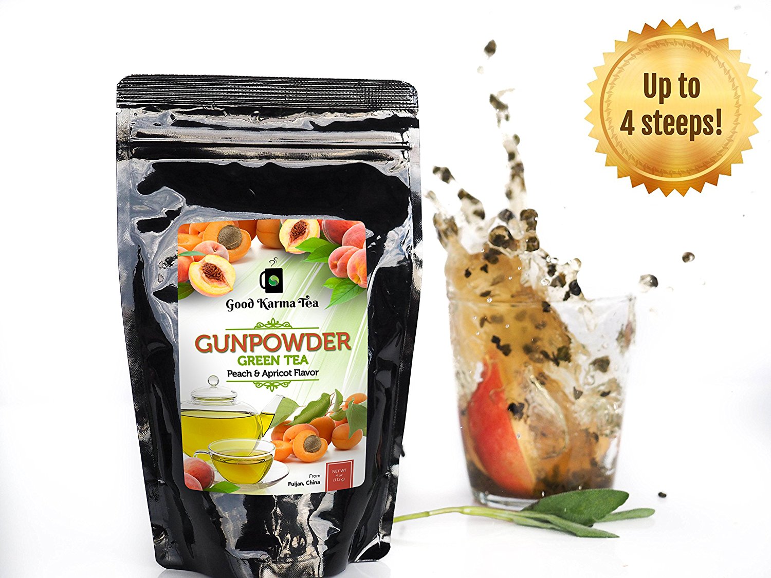 Good Karma Tea Gunpowder Peach Apricot Green Tea, 4 oz N8 free image