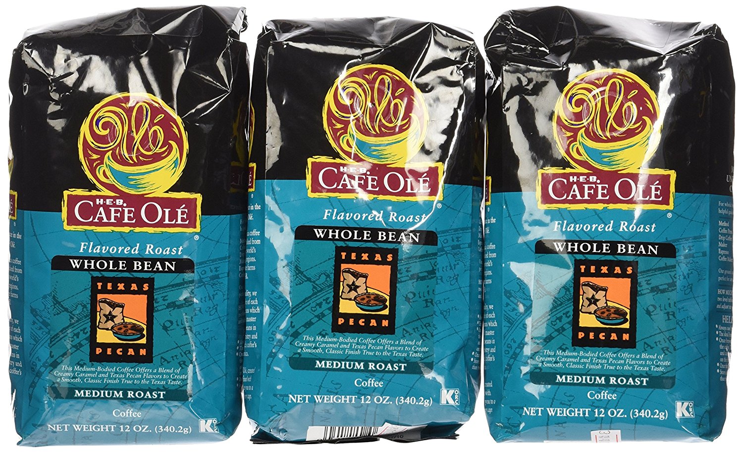 HEB Cafe Ole Whole Bean Coffee 12oz Bag (Pack of 3) (Texas Pecan