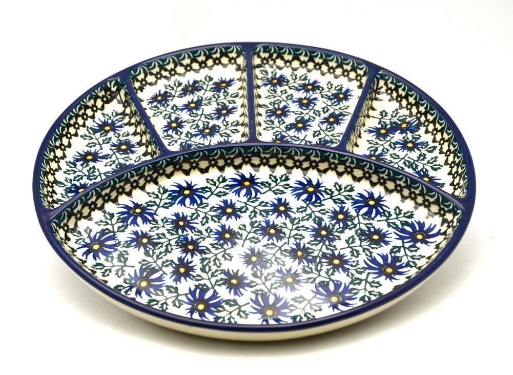 Polish Pottery Dish Divided Appetizer Blue Chicory free image download