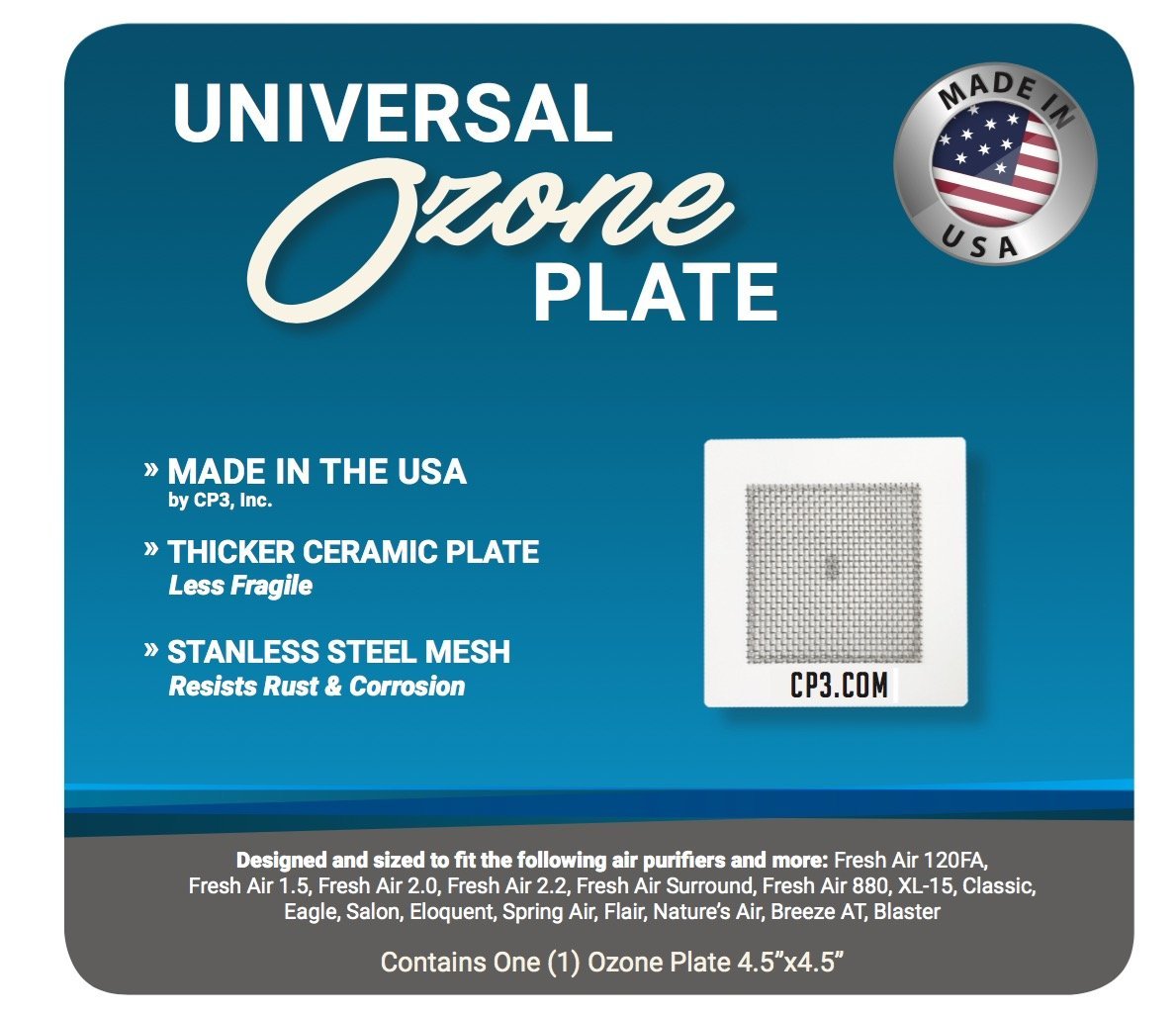 Universal Ozone Plate MADE IN USA by CP3 INC 4.5" x 4.5" for Fresh Air