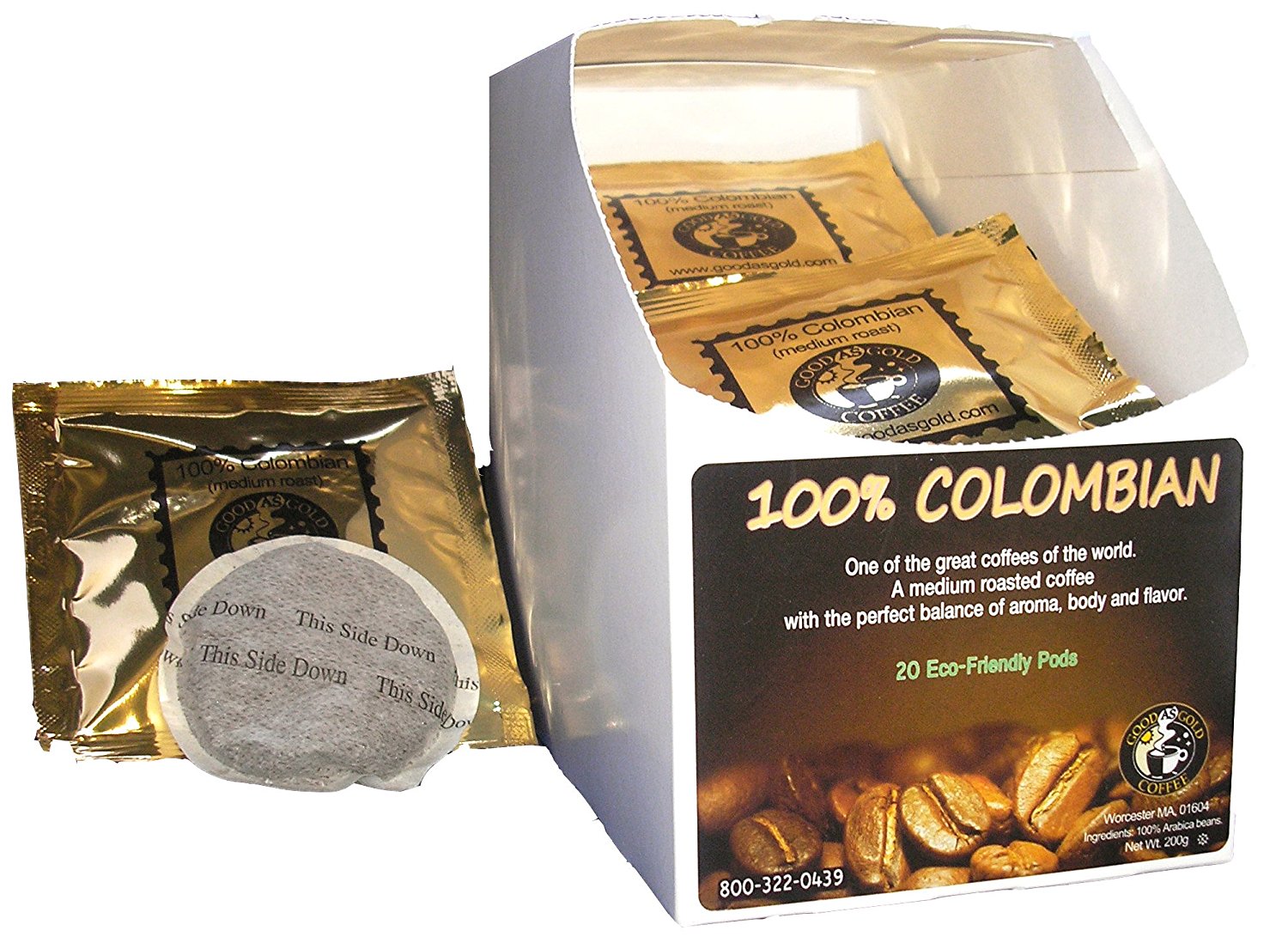 100 COLOMBIAN COFFEE PODS Good As Gold Coffee (1 Box / 20 Coffee