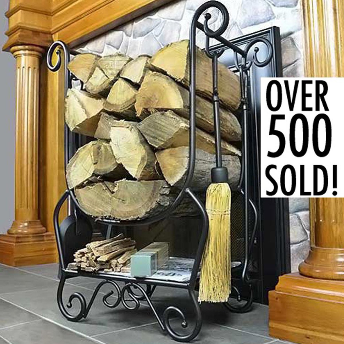 WoodEze HR26216A Scroll Wrought Iron Firewood Rack with Fireplace Tools