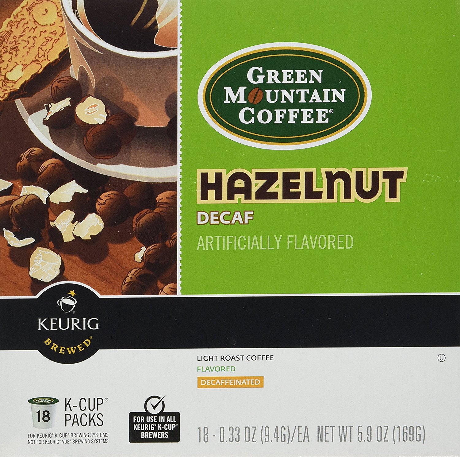 Green Mountain Coffee Hazelnut Decaf KCups for Keurig Brewers 18 K