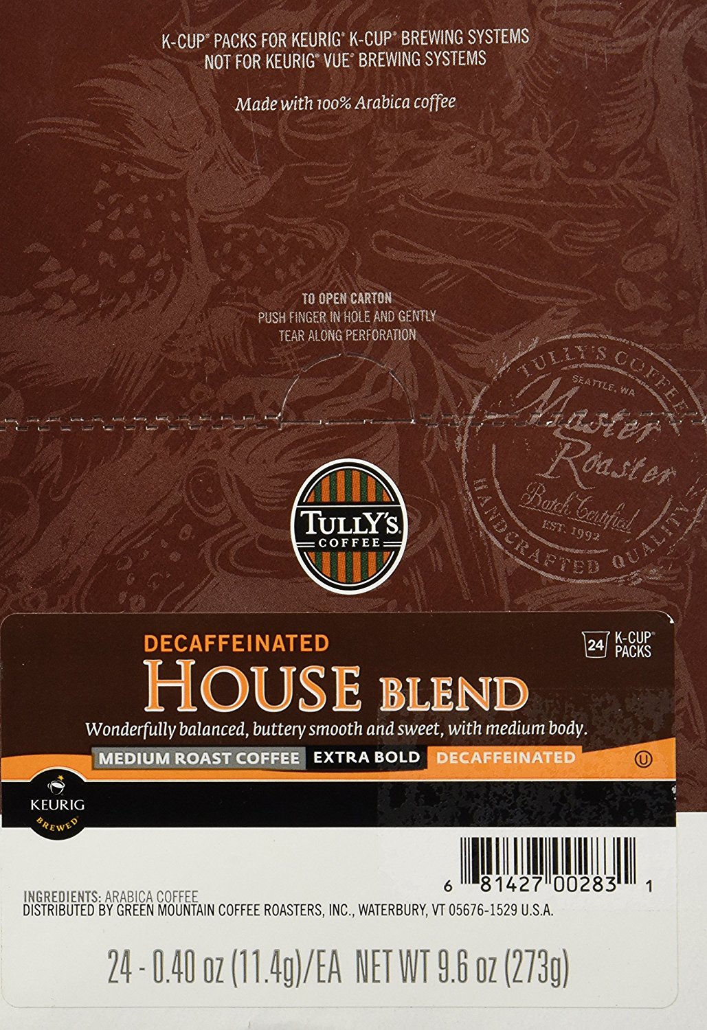 Keurig, Tully's House Blend Decaf, Medium Roast Coffee Extra Bold 24 K