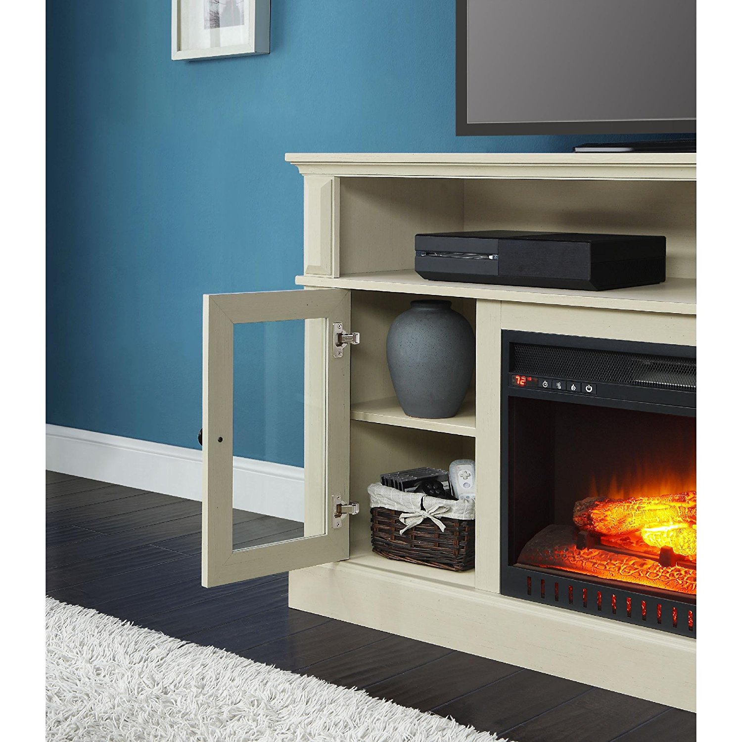 White Whalen Remote Control Barston Fireplace Media Console For TV's Up