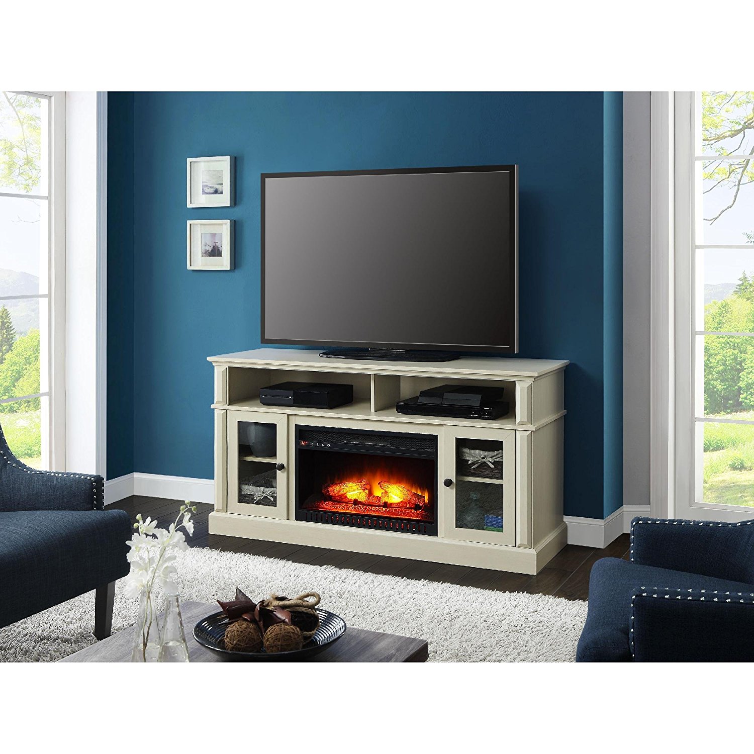 White Whalen Remote Control Barston Fireplace Media Console For TV's Up