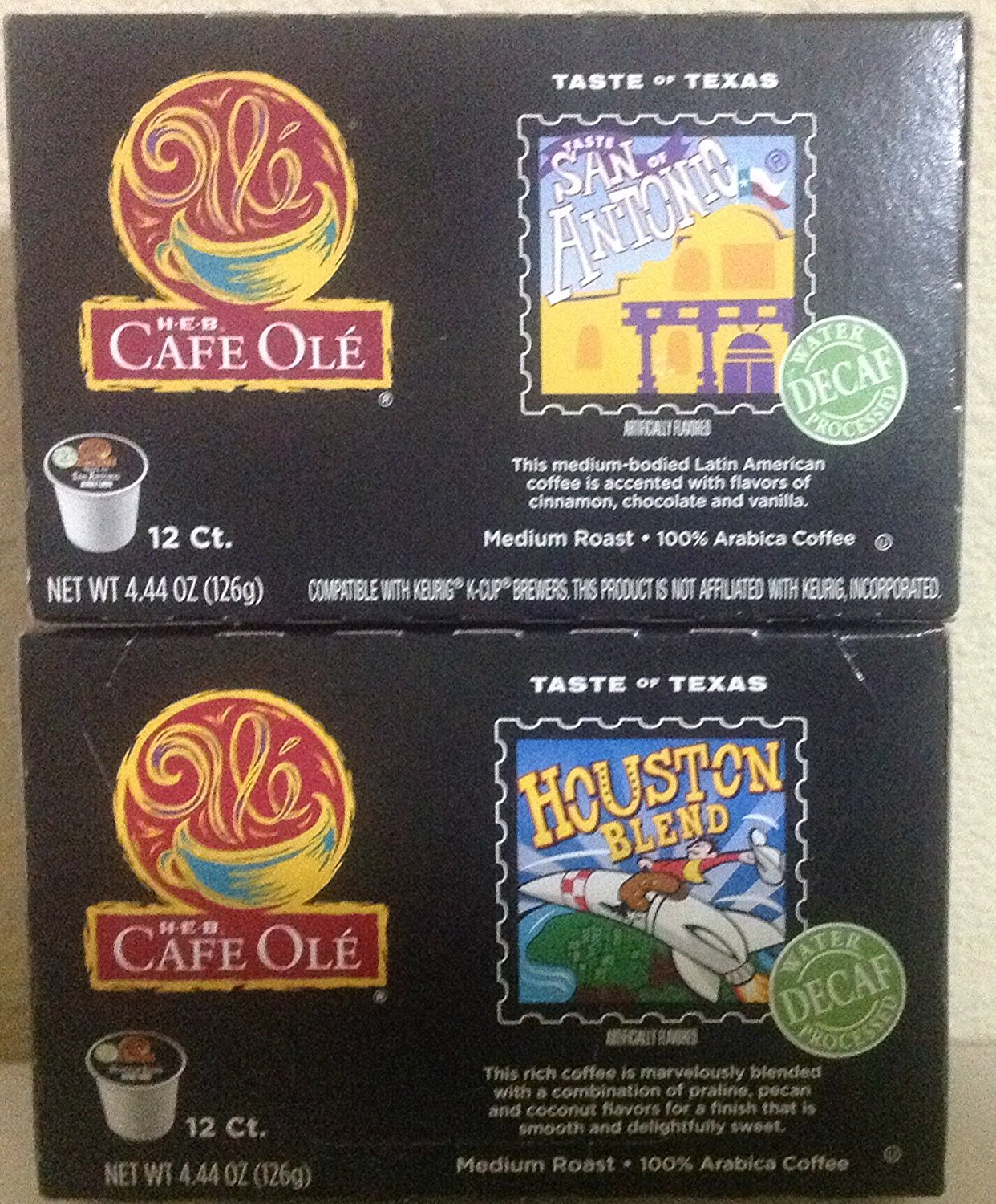 Cafe Ole Taste of Texas DECAF Bundled San Antonio/Houston Kcup 12 Cups