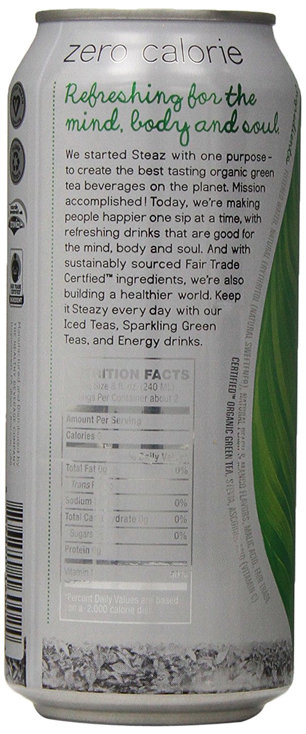 Steaz Zero Calorie Iced Green Tea, Peach Mango, 16 Ounce (Pack of 12