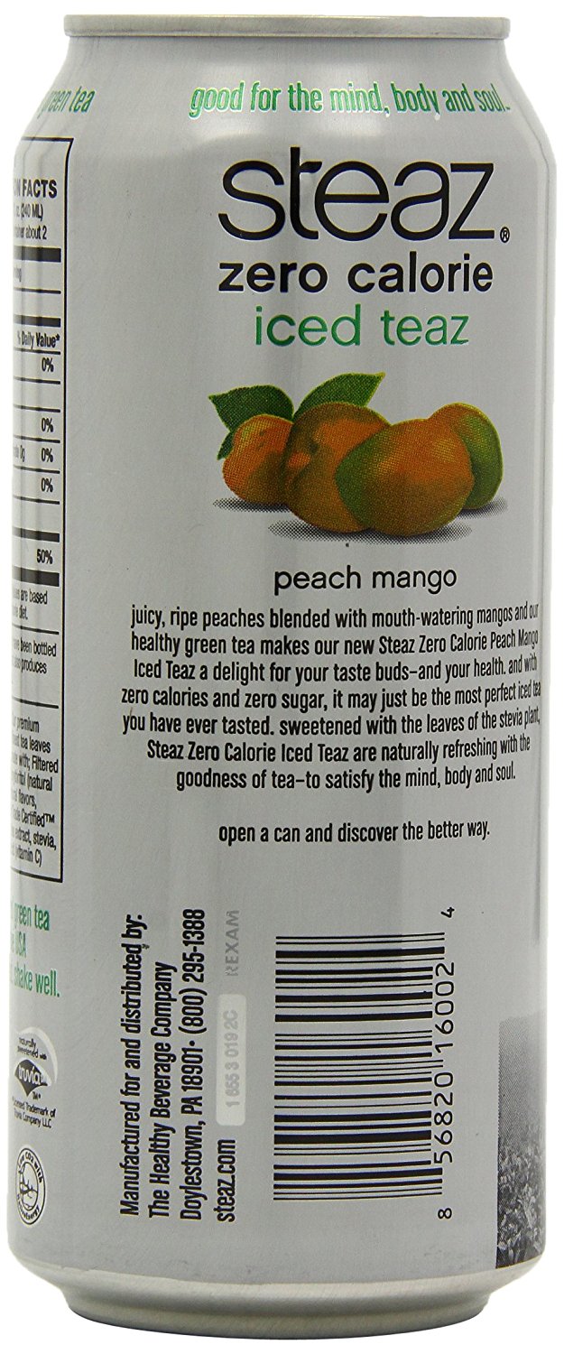 Steaz Zero Calorie Iced Green Tea, Peach Mango, 16 Ounce (Pack of 12