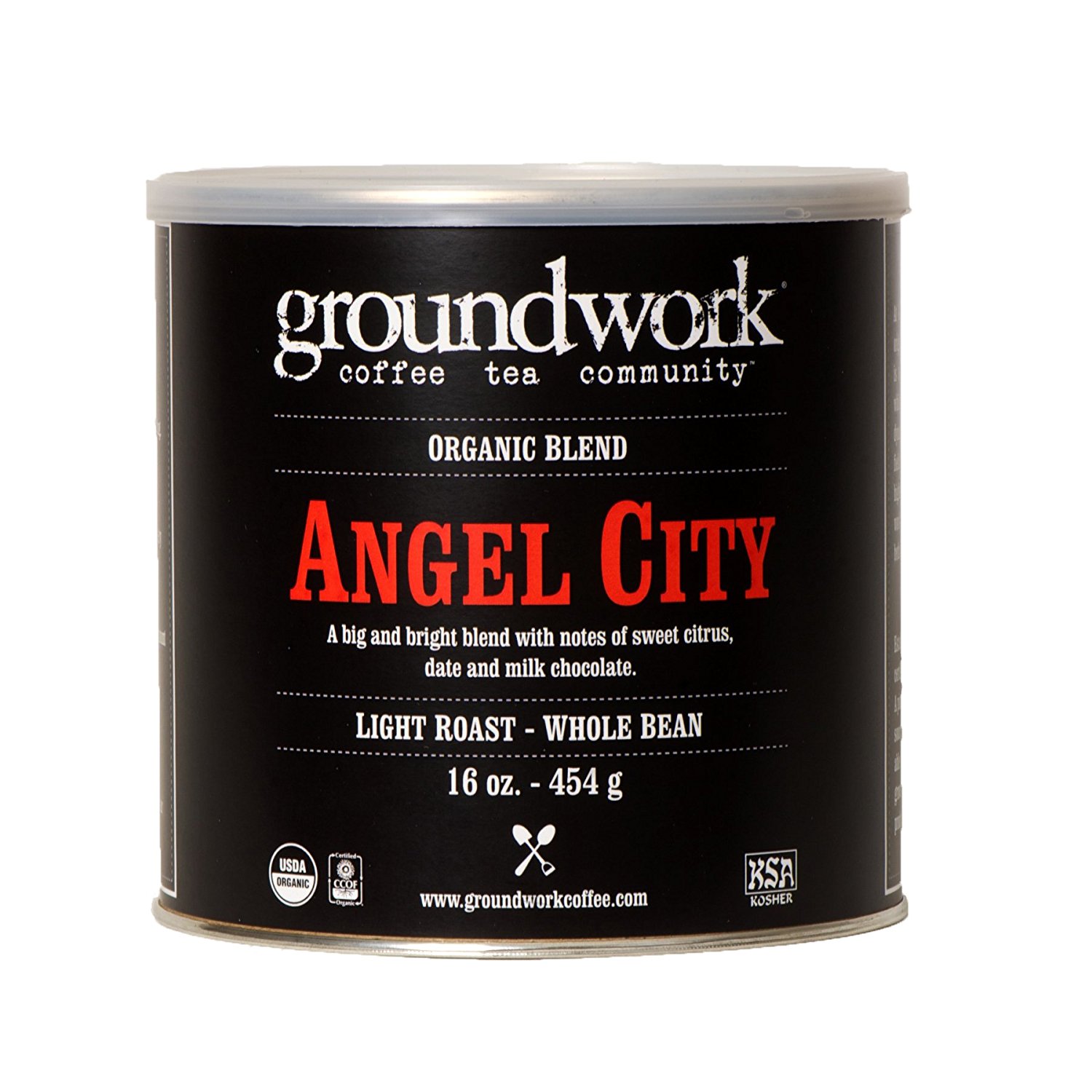Groundwork Coffee, Organic Angel City, Whole Bean, 16 Ounce Cans (Pack