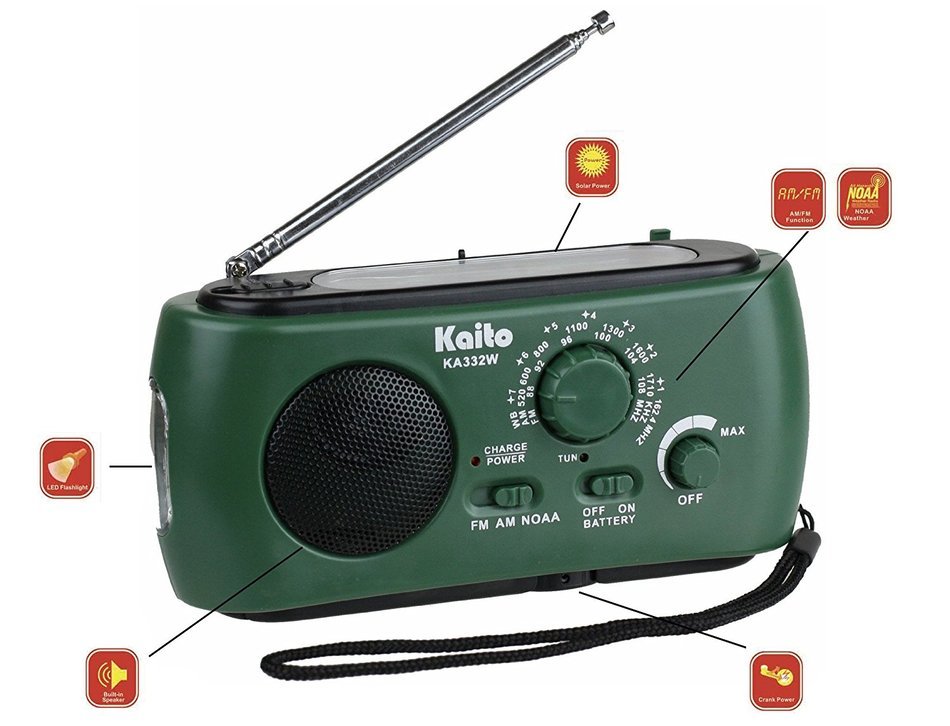 Kaito KA332W Portable Hand Crank Solar AM/FM NOAA Weather Radio with