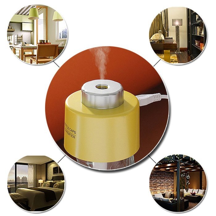 Mini Portable Water Bottle Cap Air Ultrasonic Humidifier with USB Cable for Office Home (yellow