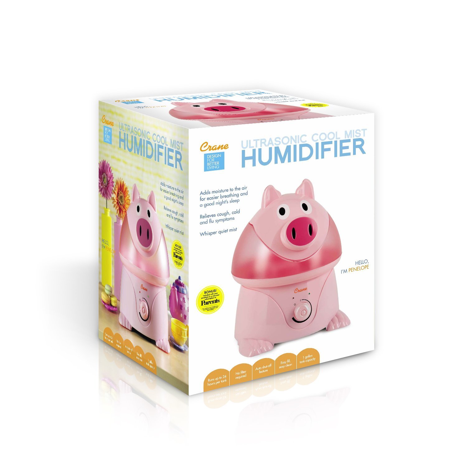 Crane Adorable Ultrasonic Cool Mist Humidifier with 2.1 Gallon Output per Day Pig N2 free