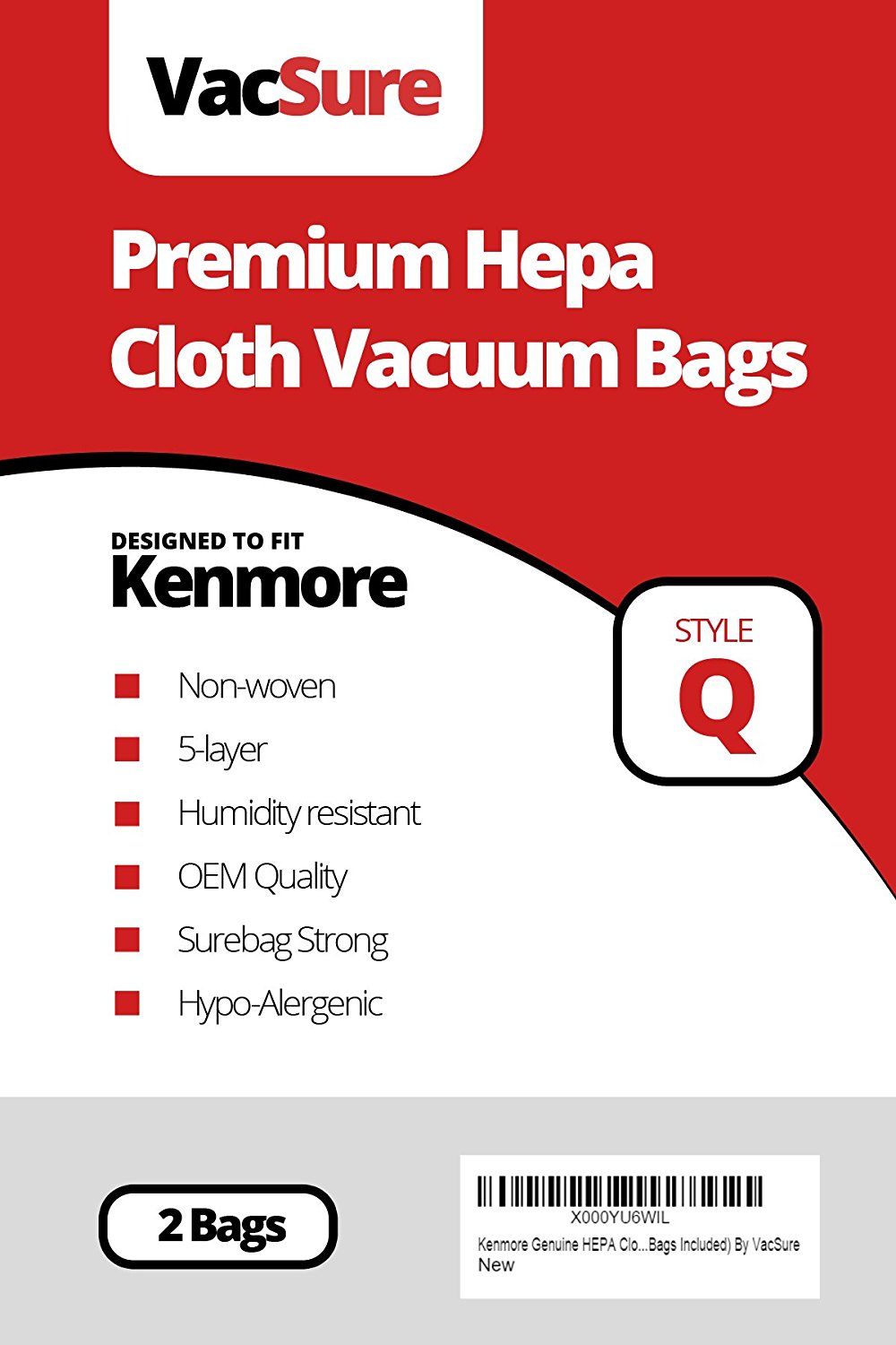 Kenmore Genuine HEPA Cloth Canister Vacuum Bags Type Q (2 Bags