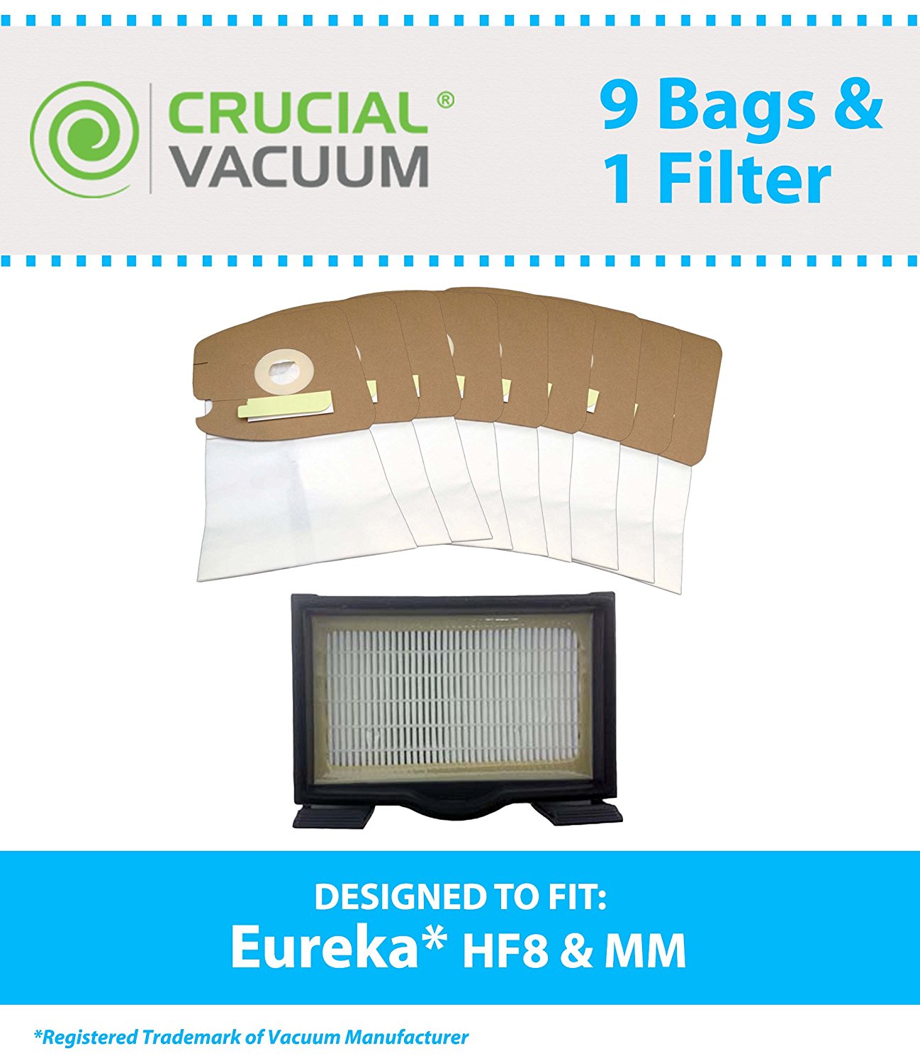1 Eureka HF8 Mighty Mite HEPA Filter & 9 MM Bags, Part 60666, 60666A, 60666B, 606666, 60295