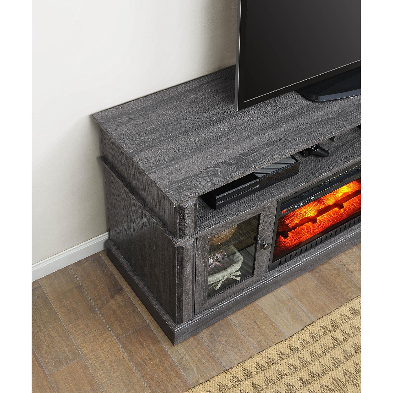 Gray Whalen Remote Control Barston Fireplace Media Console For TV's Up